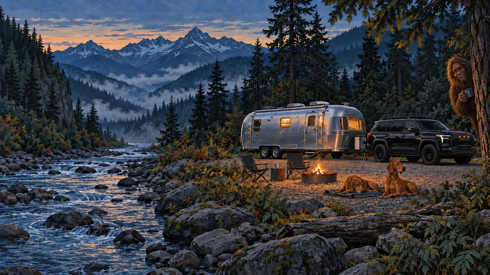 Illustrated riverside campsite with a silver Airstream Globetrotter, black Sequoia TRD Pro, two Vizslas, and Bigfoot peeking around a tree with a mug