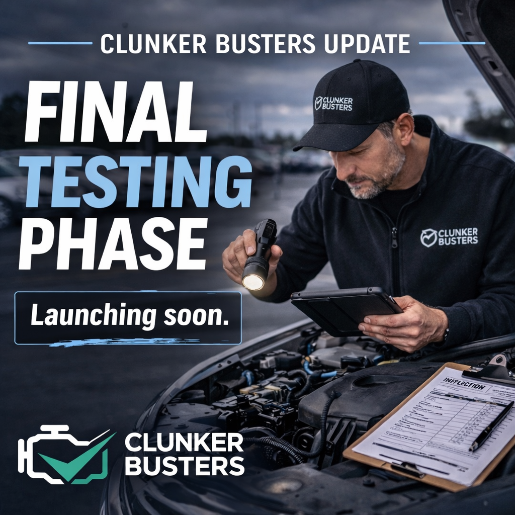 Technician in Clunker Busters gear inspects a car engine with a flashlight and tablet; bold text reads 'FINAL TESTING PHASE' and 'Launching soon.'